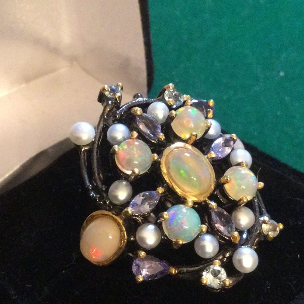Genuine Natural Opals, Tanzanite & Pearls Ring - Picture 7 of 15